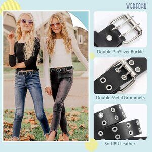 Kids Double Grommet Belt With Holes for Girls Boys PU Leather Two Row Grommet